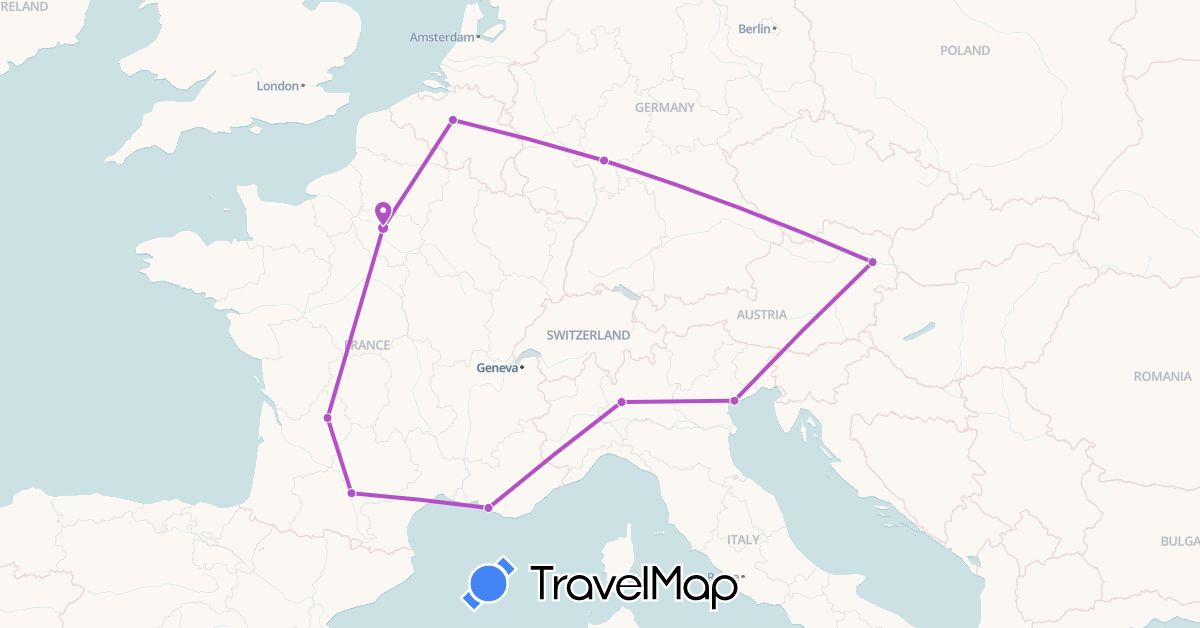 TravelMap itinerary: driving, train in Austria, Belgium, Germany, France, Italy (Europe)